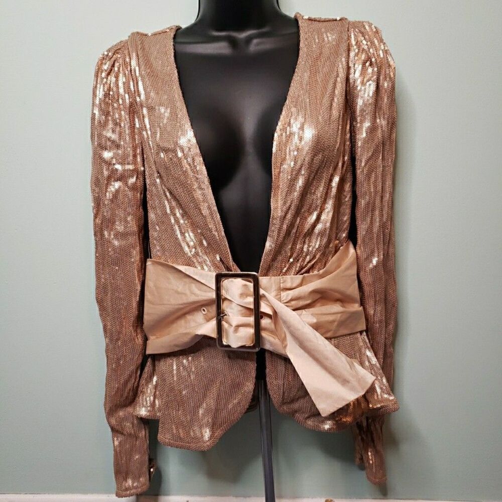 Venus Womens Belted Sequin Top Champagne Gold Evening Wear Cocktail Blouse Sz 4